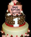 Neapolitan Ice Cream Cake 1st Birthday Cake,  Neapolitan buttercream iced, 3 round tiers decorated with sprinkles, ice cream scoops and cherries.  Everything on this cake is EDIBLE.  (Serves 48-135 party slices)